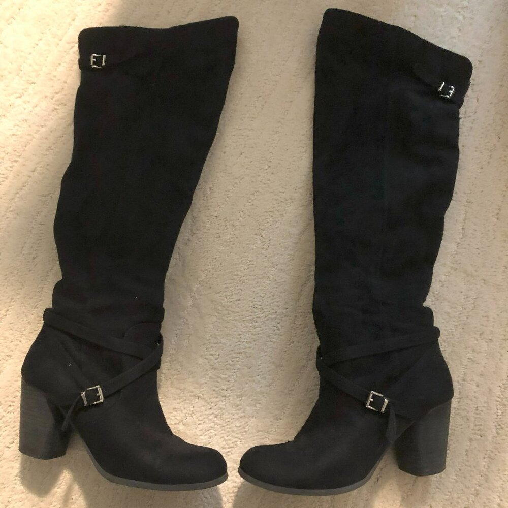 Madden Girl US 8.5 black tall boots with silver buckle strap accents